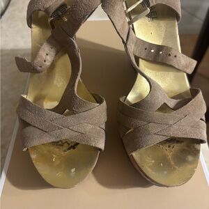 Michael Kors Taupe Suede Crisscross Wedge Sandals